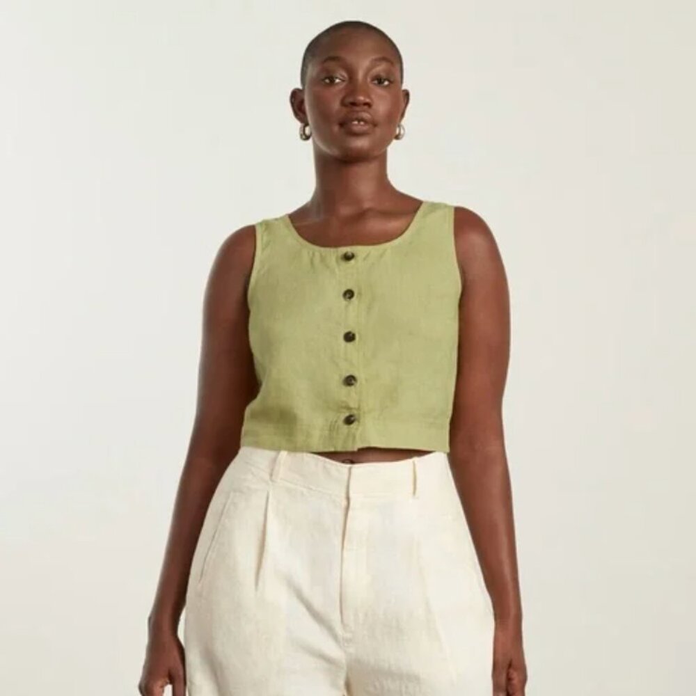 Everlane Linen Button-Front Crop Tank - Leek
